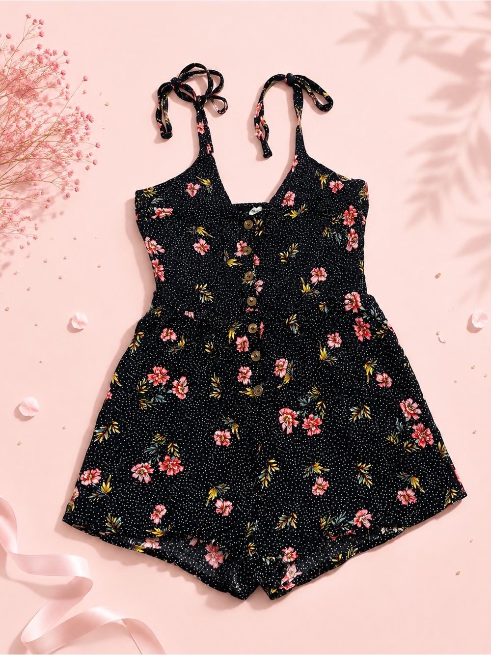 Others Follow Black Floral Tie-Shoulder Romper